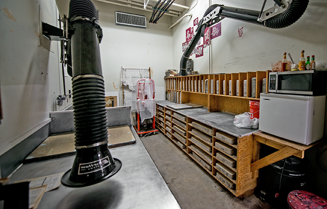 Printmaking lab gear and workspace.